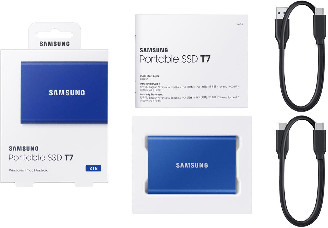 Внешний SSD 2000Gb Samsung T7 USB 3.2 Gen.2 (10 Гбит/c) AES 256 Синий, MU-PC2T0H/WW