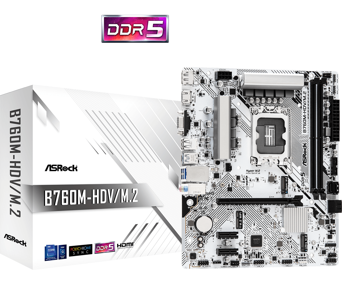 Материнская плата ASRock B760M-HDV/M.2 LGA1700 2xDDR5 4xSATA RAID M.2 VGA HDMI DP mATX