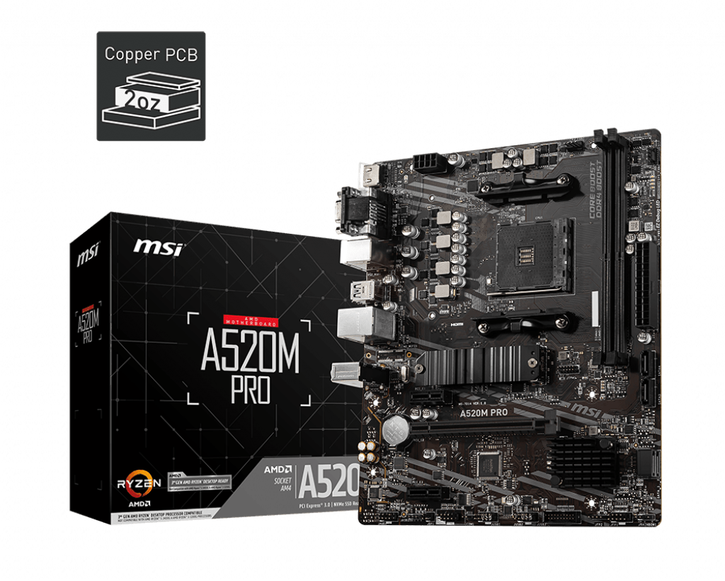 Материнская плата MSI A520M PRO AM4 2xDDR4 4xSATA3 RAID M.2 VGA HDMI DP ARGB header mATX