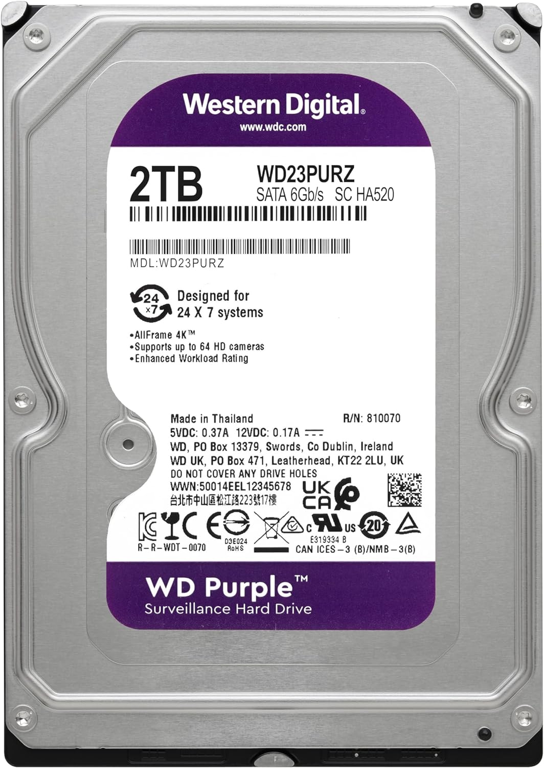 Жесткий диск для видеонаблюдения HDD  2Tb Western Digital Purple SATA 6Gb/s 64Mb 3,5