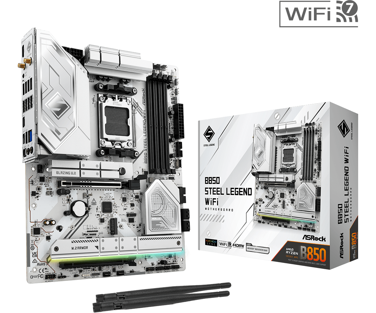 Материнская плата ASRock B850 STEEL LEGEND WIFI AM5 4xDDR5 4xSATA 2xM.2 1xM.2 Key 2xWiFi 1xHDMI ATX