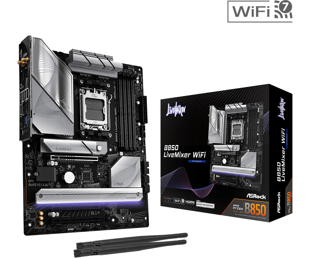 Материнская плата ASRock B850 LIVEMIXER WIFI AM5 4xDDR5 2xSATA 3xM.2 23xUSB 1xHDMI 1xDP ATX