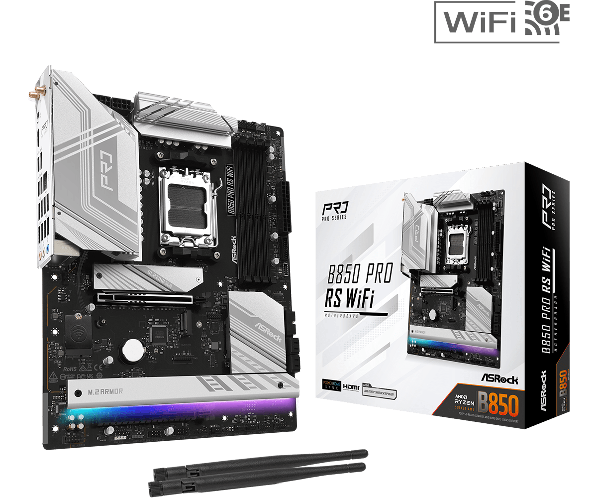 Материнская плата ASRock B850 PRO RS WIFI AM5 4xDDR5 4xSATA 3xM.2  1xUM.2 21xUSB 1xHDMI ATX
