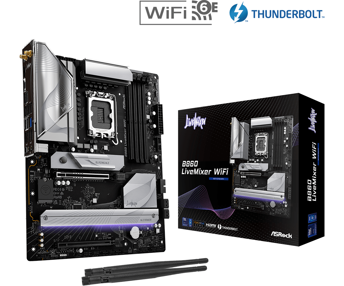 Материнская плата ASRock B860M LIVEMIXER WIFI LGA1851 4xDDR5 4xSATA 3xM.2 1xHDMI 1xThund4 WiFi ATX