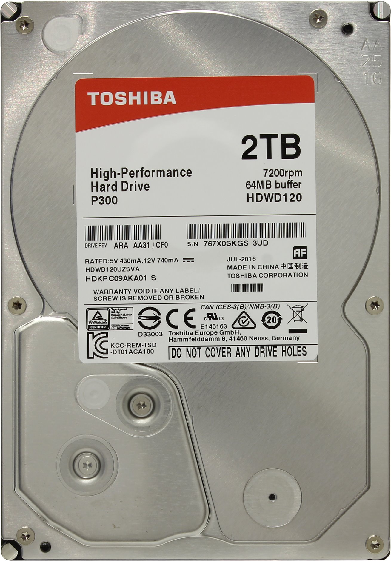 Жесткий диск HDD  2Tb TOSHIBA P300 SATA 6Gb/s 7200rpm 64Mb 3.5