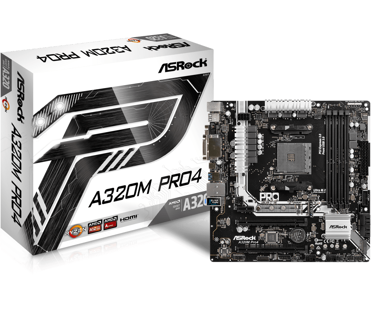 Материнская плата ASRock A320M PRO4 Socket AM4 4xDDR4 4xSATA3 RAID 2xM.2 D-Sub DVI HDMI mATX
