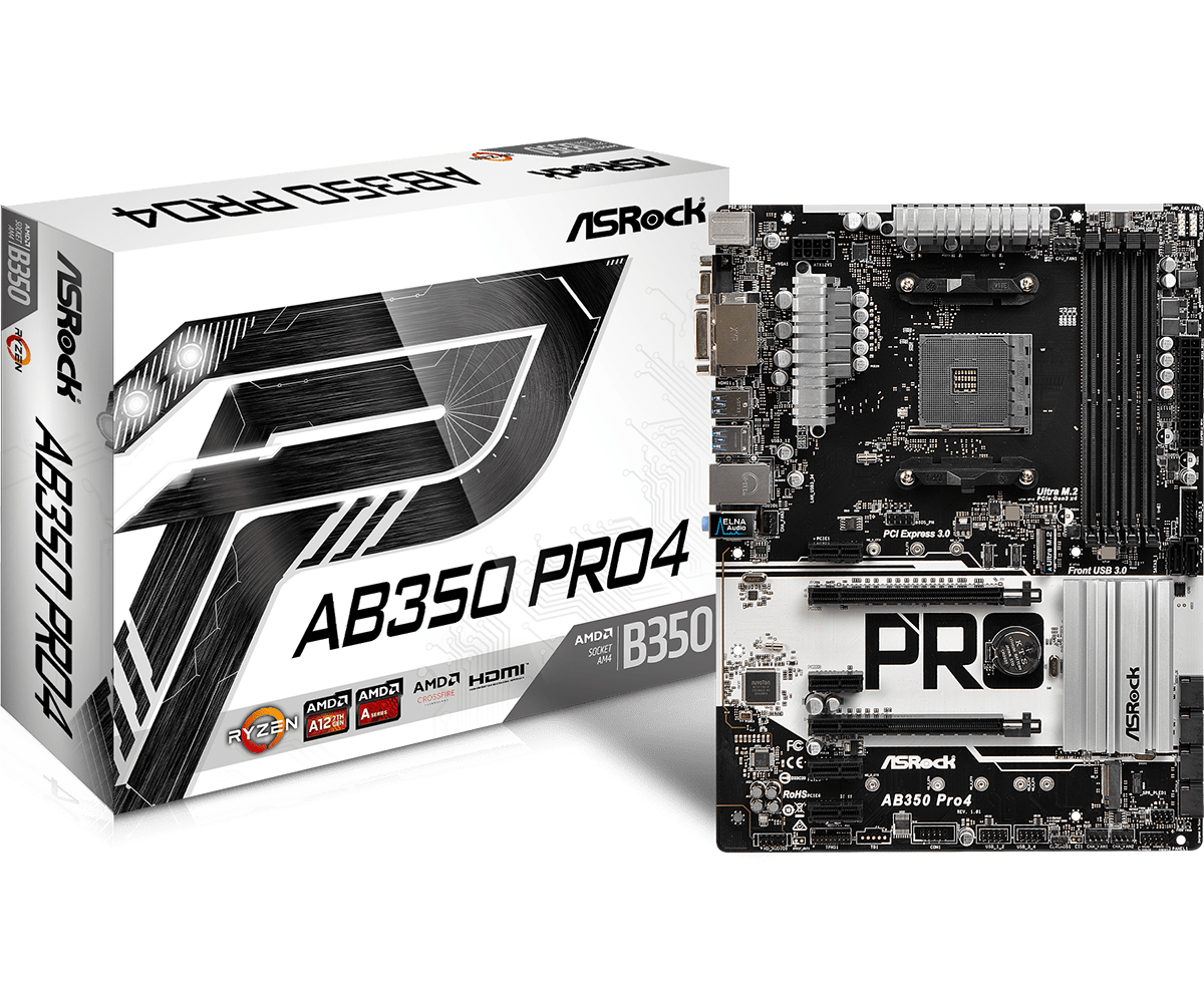 Материнская плата ASRock AB350 PRO4 Socket AM4 B350 4xDDR4 6xSATA3 RAID D-Sub DVI HDMI ATX BOX