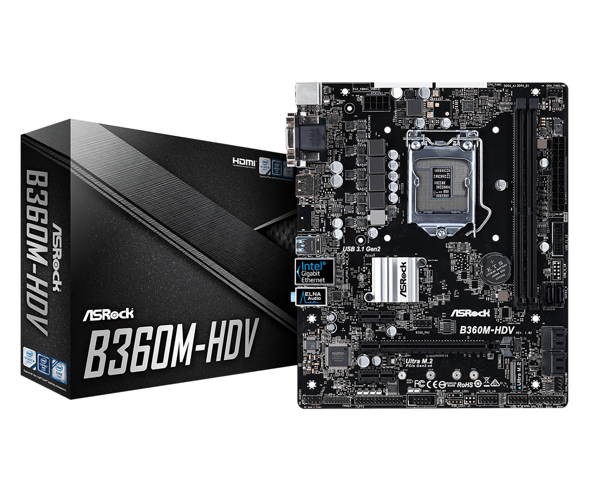 Материнская плата ASRock B360M-HDV LGA1151 2xDDR4 6xSATA3 1xUM.2 D-Sub DVI HDMI 3xPCI-E3.0 mATX