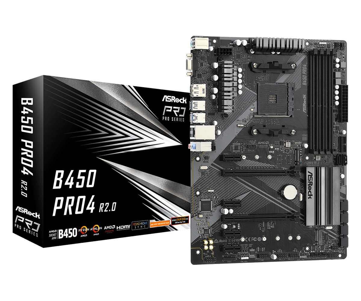 Материнская плата ASRock B450 PRO4 R2.0 AM4 4xDDR4 6xSATA3 1xUM.2 1xM.2 D-Sub+HDMI+DP ATX