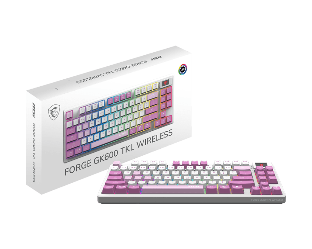 Игровая Клавиатура MSI FORGE GK600 TKL W VIOLET RU, Механическая/WIFI/BT/USB2.0/RGB/83кл./1.8м Белая