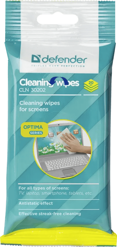 Универсальные чистящие салфетки для экранов Defender CLN 30202 Optima, пакет с подвесом 20 шт