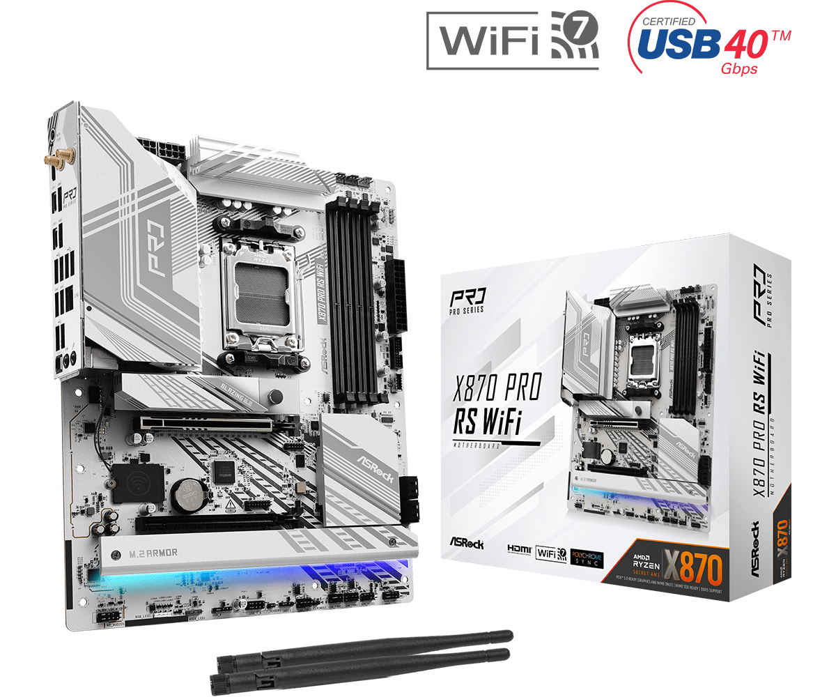 Материнская плата ASRock X870 PRO RS WIFI AM5 4xDDR5 4xSATA3 3xM.2 1xHDMI 2xType-C ATX