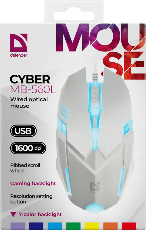 Мышь проводная Defender Cyber MB-560L 7цветов,3кнопки,1600dpi,белый, НОВИНКА!