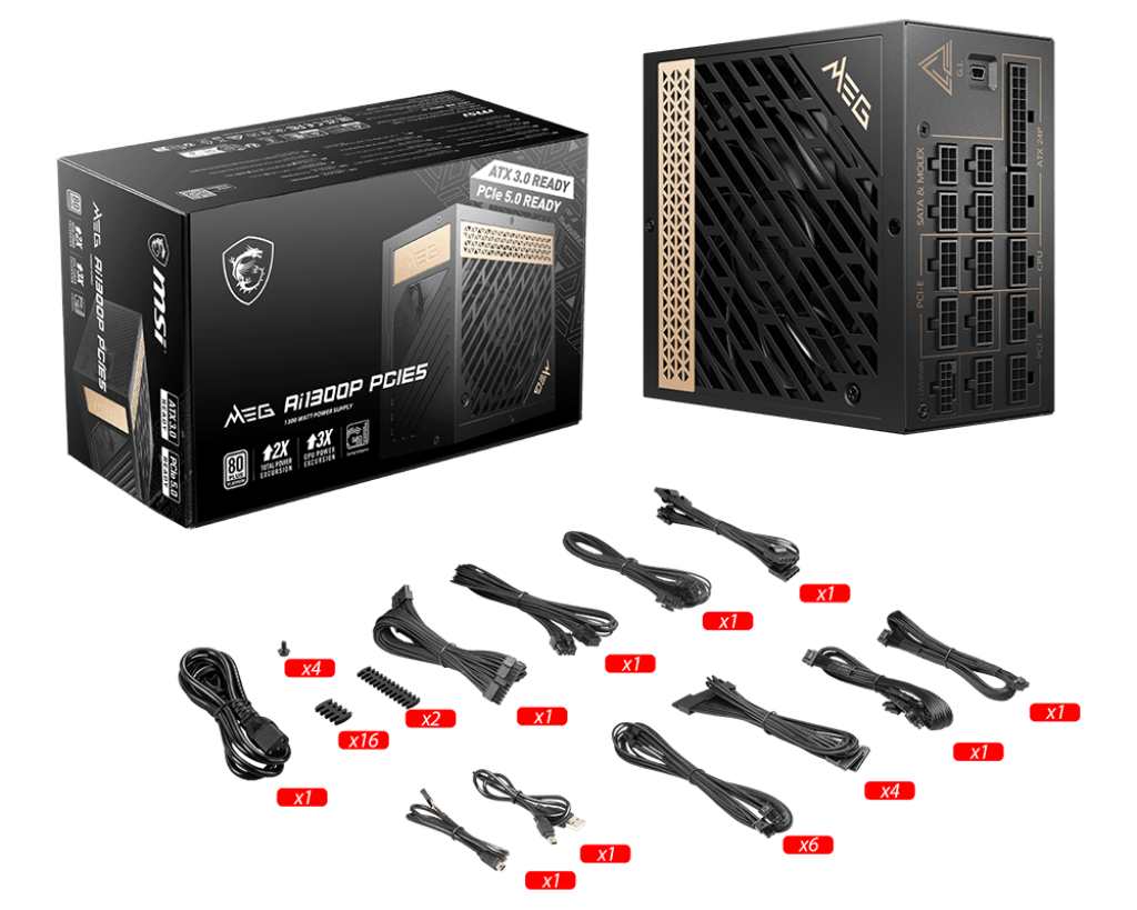 Блок питания MSI MEG Ai1300P PCIE5, 1300W, Active PFC, 80+ PLATINUM, Full Modular, MEG Ai1300P PCIE5